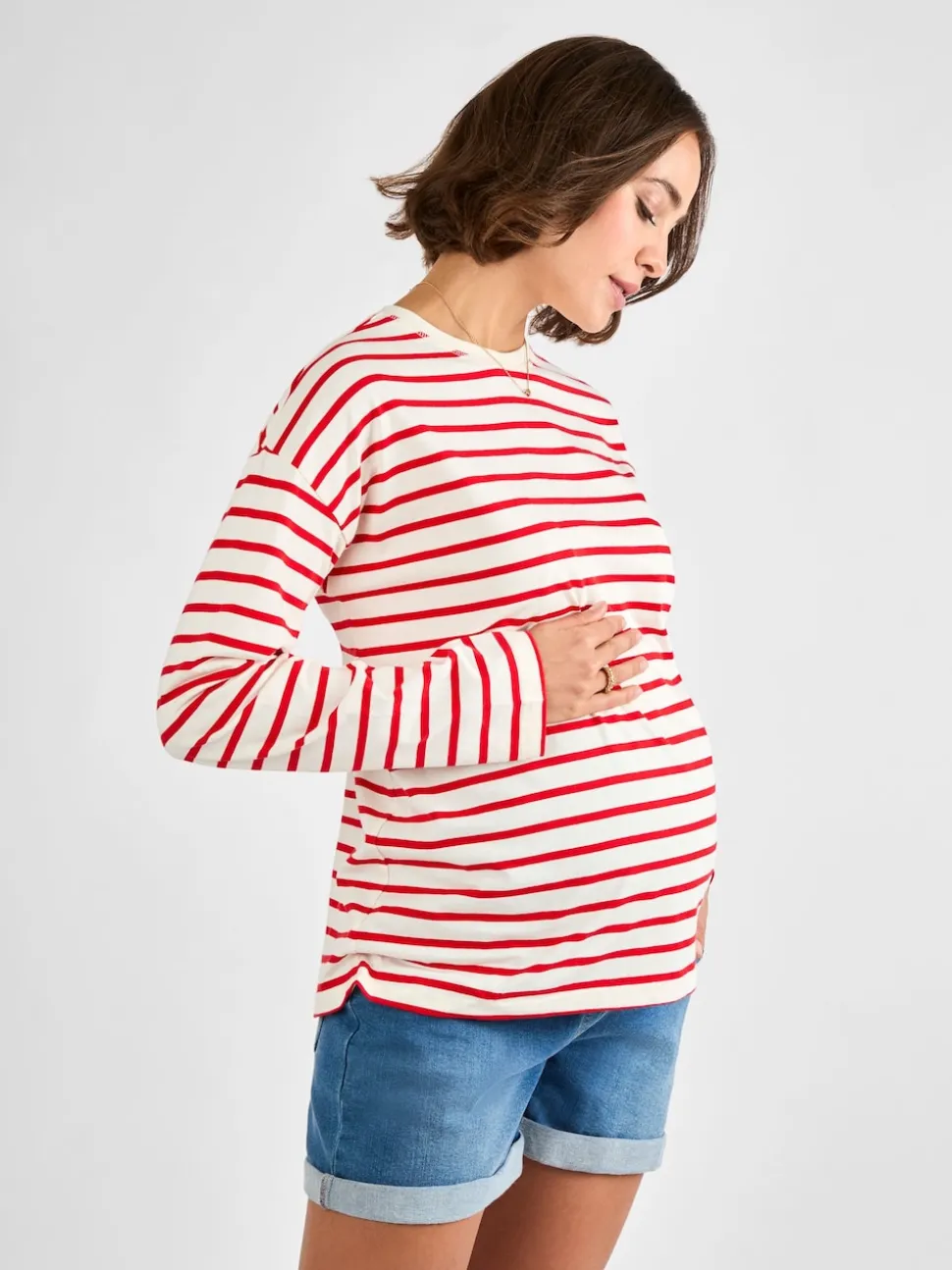 JoJo Maman Bébé Red Stripe Long Sleeve Boyfriend Maternity T-Shirt