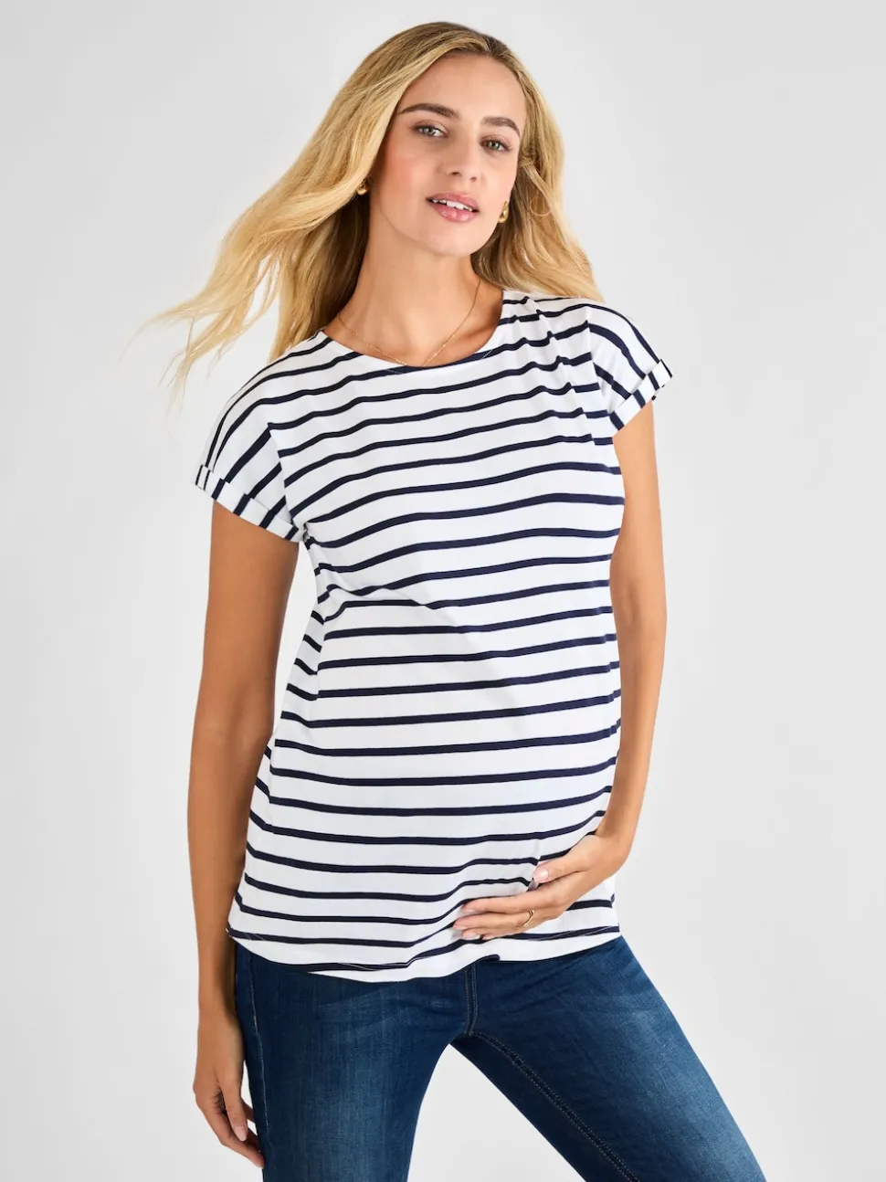 JoJo Maman Bébé White Navy Stripe Boyfriend Maternity Cotton T-Shirt