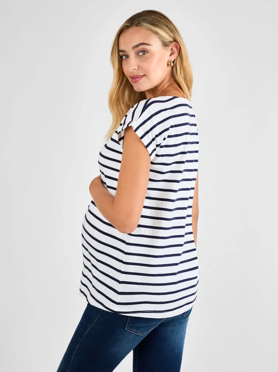 JoJo Maman Bébé White Navy Stripe Boyfriend Maternity Cotton T-Shirt