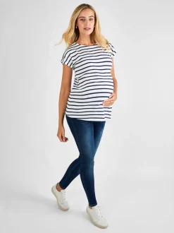 JoJo Maman Bébé White Navy Stripe Boyfriend Maternity Cotton T-Shirt