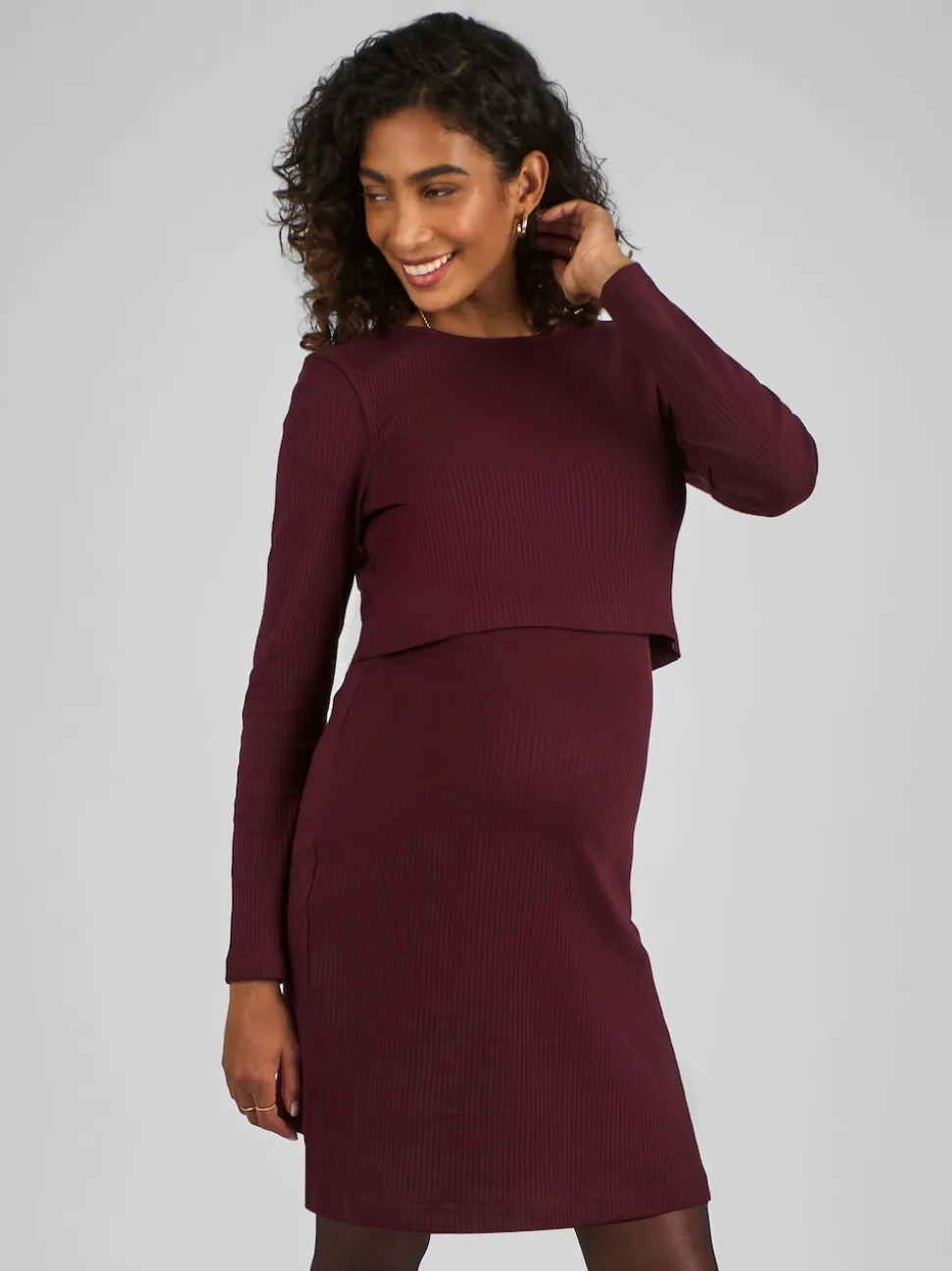 JoJo Maman Bébé Wine Red Ribbed Mini Maternity & Nursing Dress