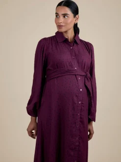 JoJo Maman Bébé Wine Spot Maternity Midi Shirt Dress With Tie