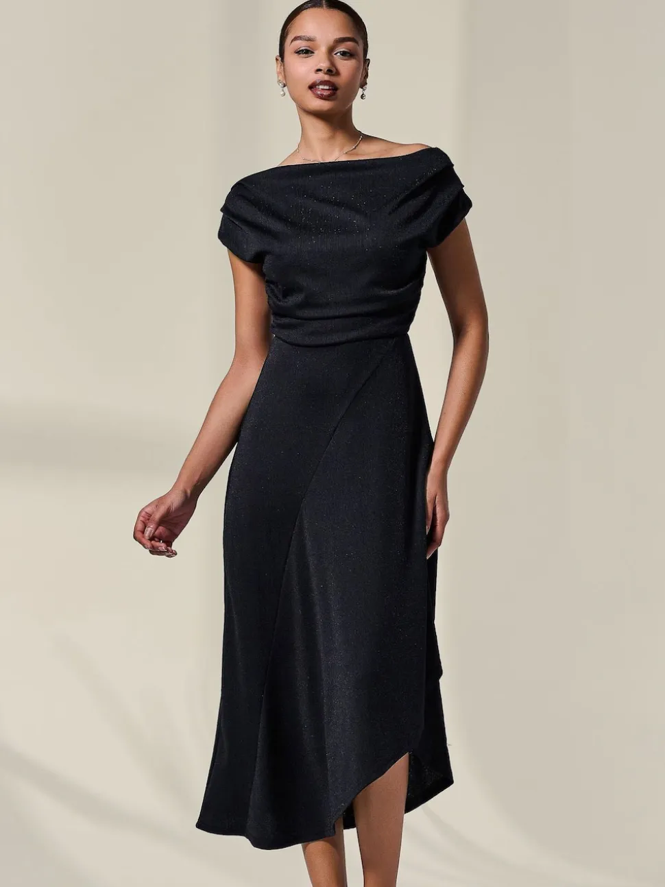 Jolie Moi Black Asymmetric Draped Midi Dress