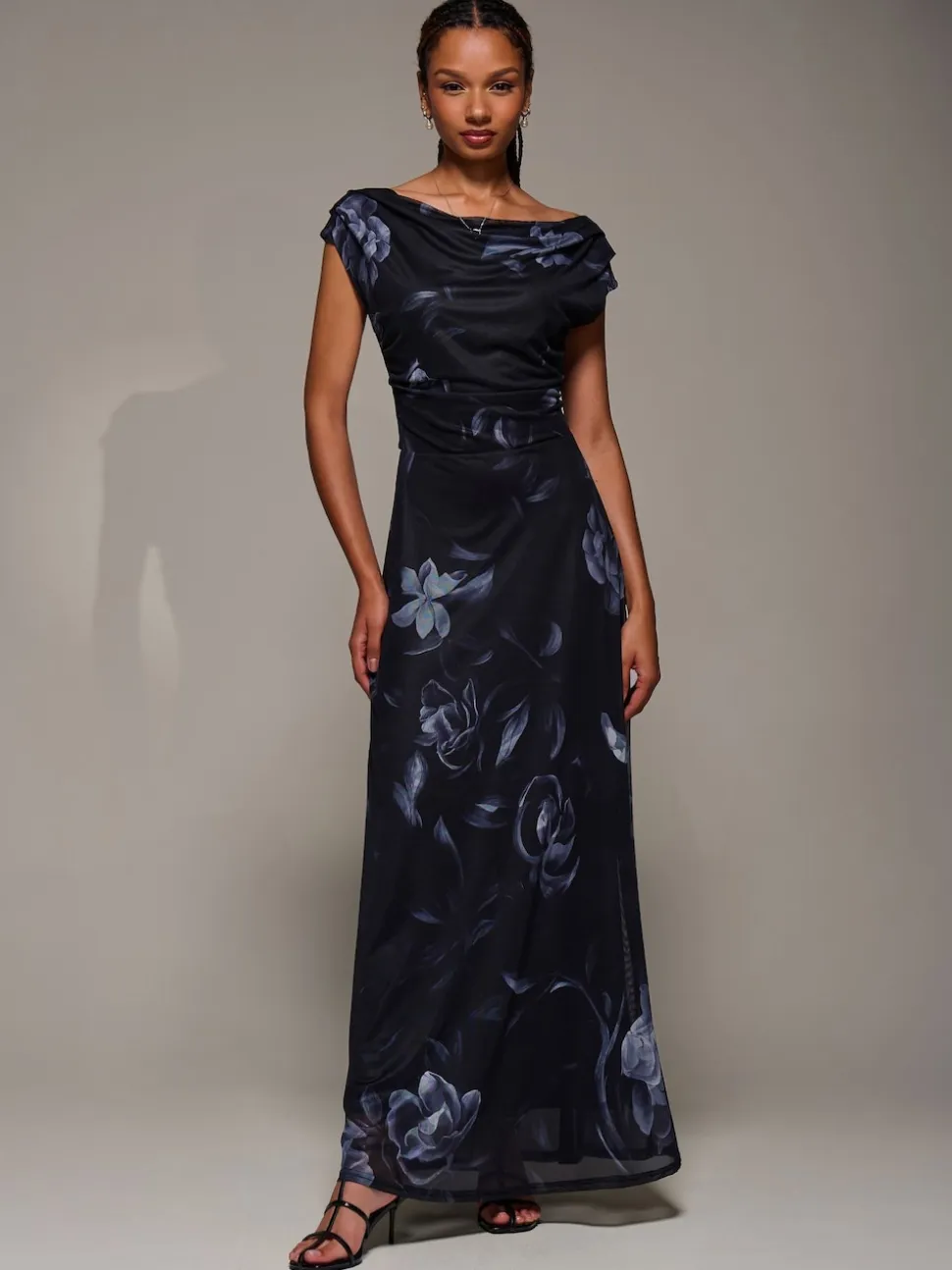 Jolie Moi Black Asymmetric Neck Mesh Maxi Dress