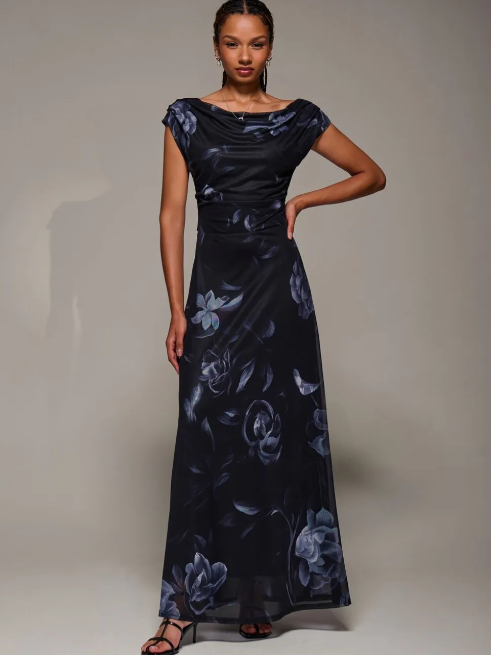 Jolie Moi Black Asymmetric Neck Mesh Maxi Dress