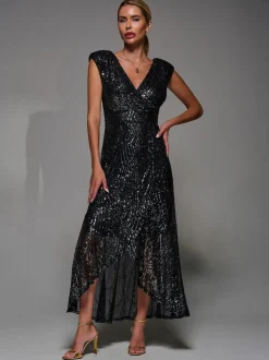 Jolie Moi Black Chrome Sequin Asymmetric Ruffle Hem Maxi Dress