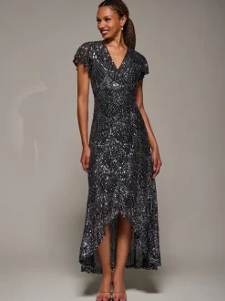 Jolie Moi Black Frill Short Sleeve Sequin Maxi Dress