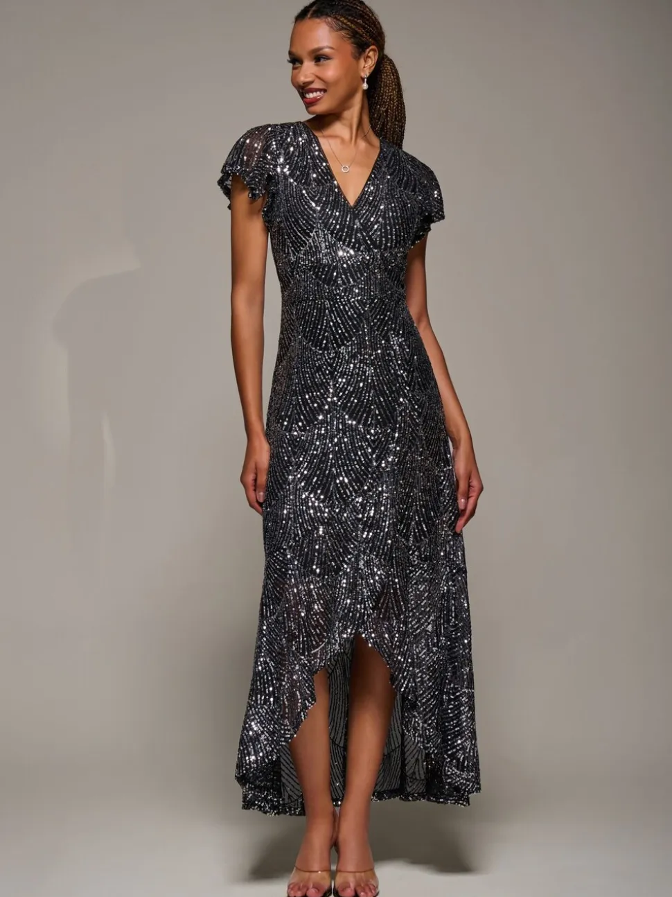 Jolie Moi Black Frill Short Sleeve Sequin Maxi Dress