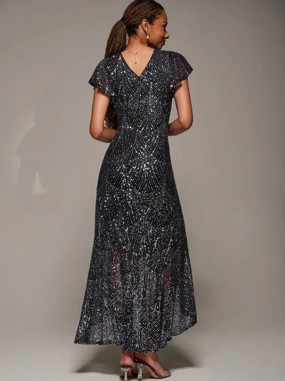 Jolie Moi Black Frill Short Sleeve Sequin Maxi Dress