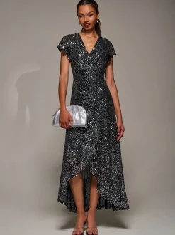 Jolie Moi Black Frill Short Sleeve Sequin Maxi Dress