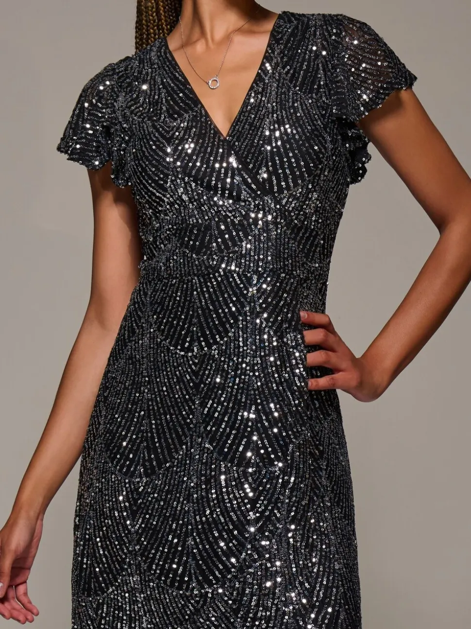 Jolie Moi Black Frill Short Sleeve Sequin Maxi Dress