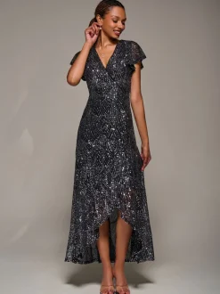 Jolie Moi Black Frill Short Sleeve Sequin Maxi Dress