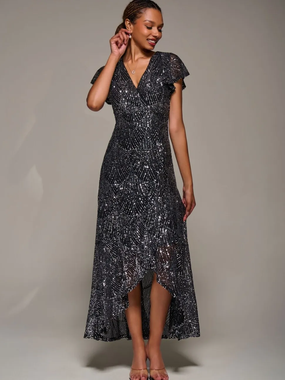 Jolie Moi Black Frill Short Sleeve Sequin Maxi Dress
