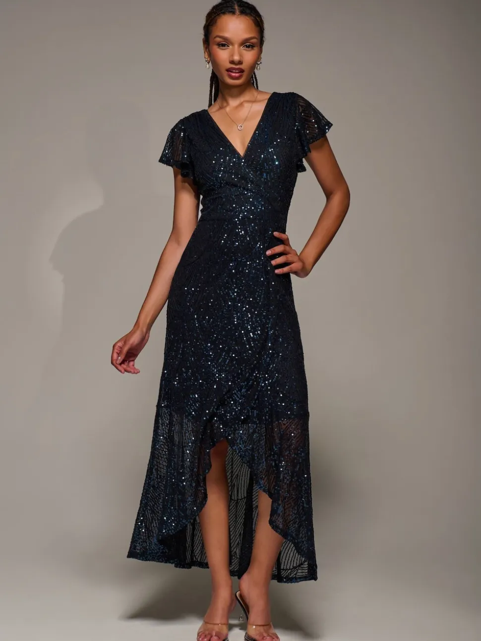 Jolie Moi Black Frill Short Sleeve Sequin Maxi Dress