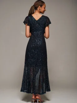 Jolie Moi Black Frill Short Sleeve Sequin Maxi Dress