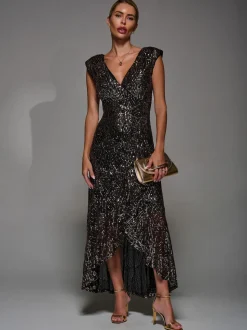 Jolie Moi Black Ground Sequin Asymmetric Ruffle Hem Maxi Dress