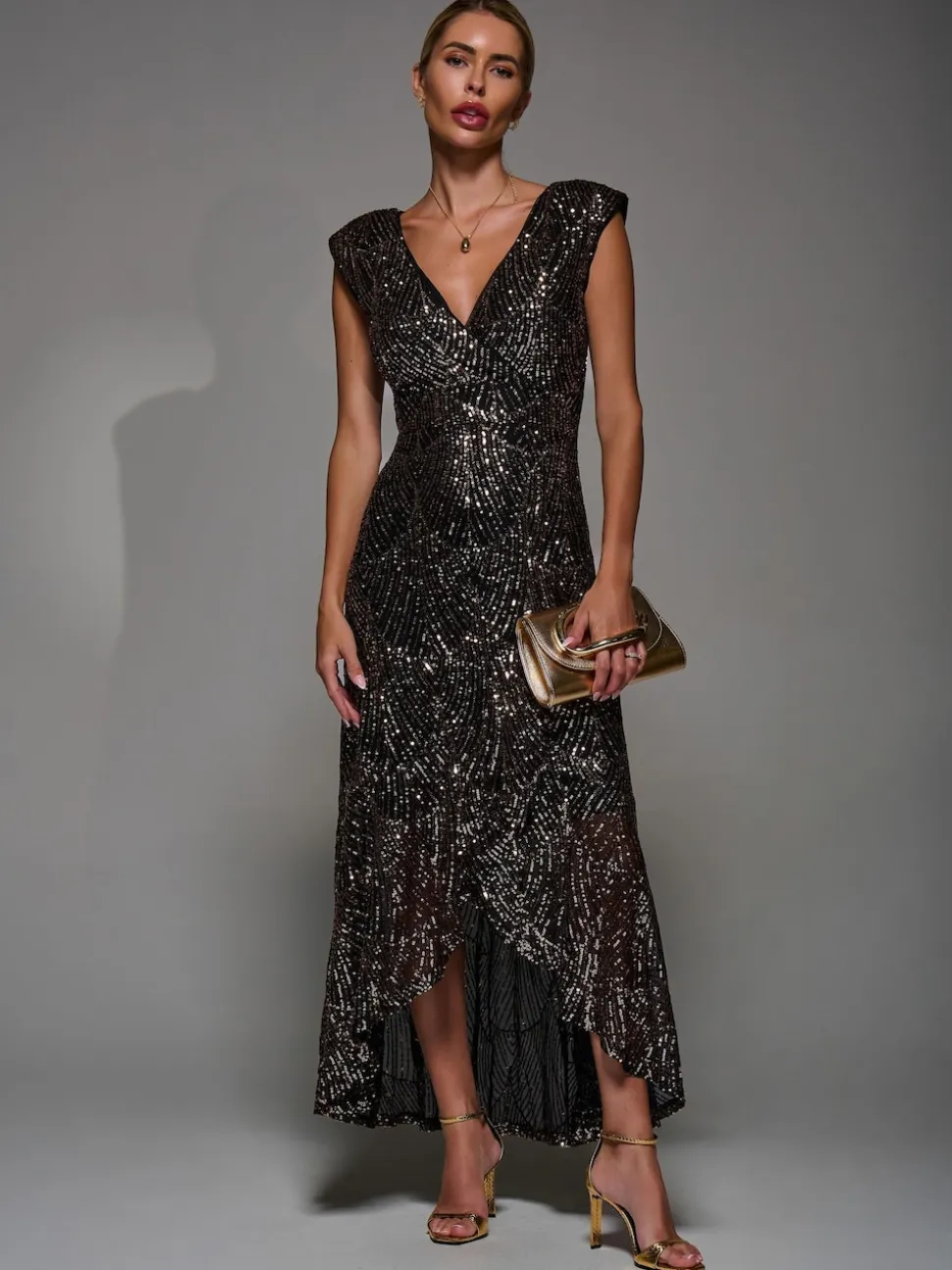 Jolie Moi Black Ground Sequin Asymmetric Ruffle Hem Maxi Dress