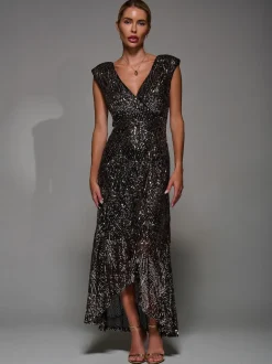 Jolie Moi Black Ground Sequin Asymmetric Ruffle Hem Maxi Dress
