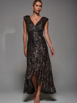 Jolie Moi Black Ground Sequin Asymmetric Ruffle Hem Maxi Dress