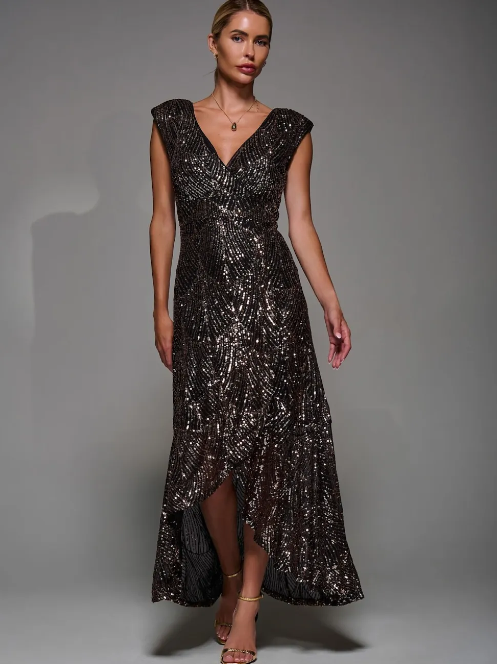 Jolie Moi Black Ground Sequin Asymmetric Ruffle Hem Maxi Dress
