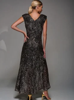 Jolie Moi Black Ground Sequin Asymmetric Ruffle Hem Maxi Dress