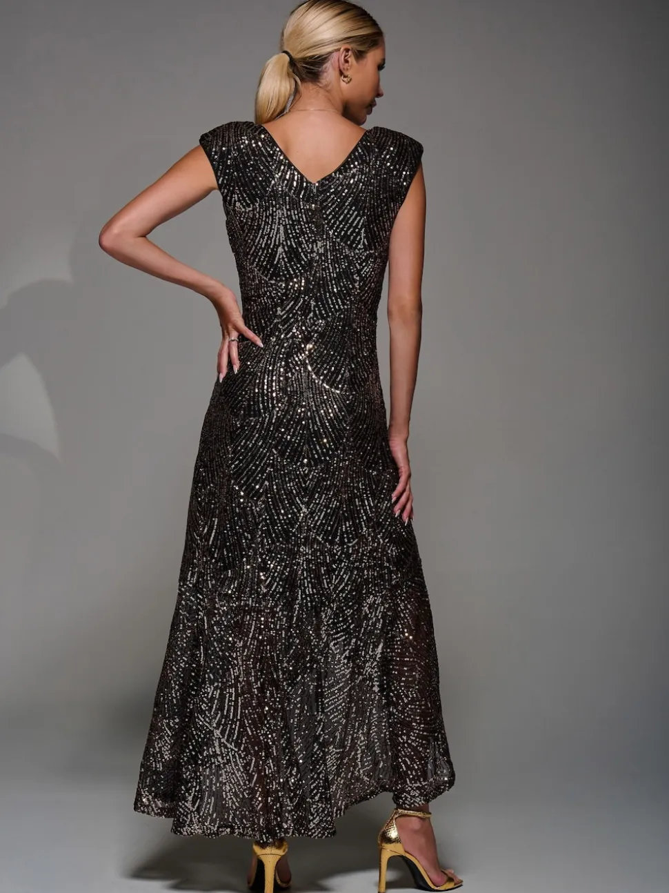 Jolie Moi Black Ground Sequin Asymmetric Ruffle Hem Maxi Dress
