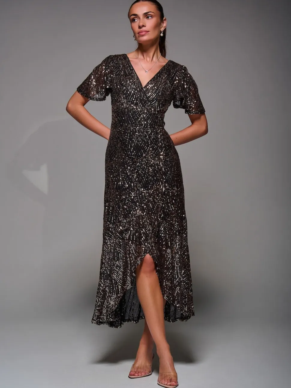 Jolie Moi Black Ground Sequin Angel Sleeve Ruffle Hem Maxi Dress