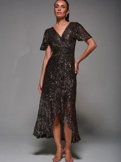 Jolie Moi Black Ground Sequin Angel Sleeve Ruffle Hem Maxi Dress