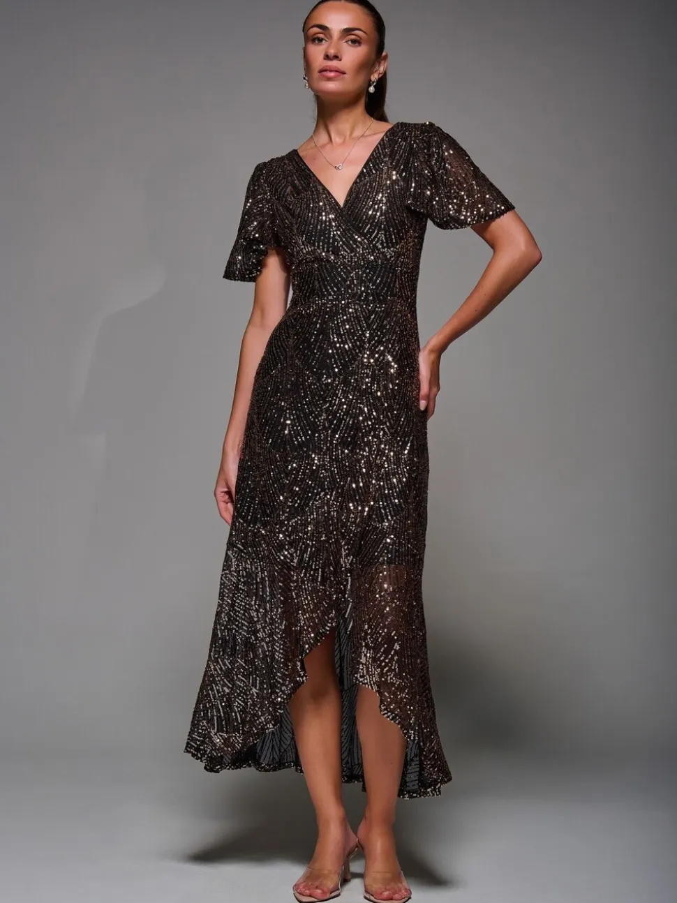 Jolie Moi Black Ground Sequin Angel Sleeve Ruffle Hem Maxi Dress