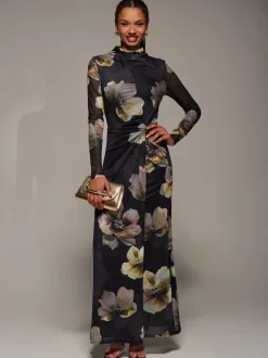 Jolie Moi Black High Neck Long Sleeve Mesh Maxi Dress