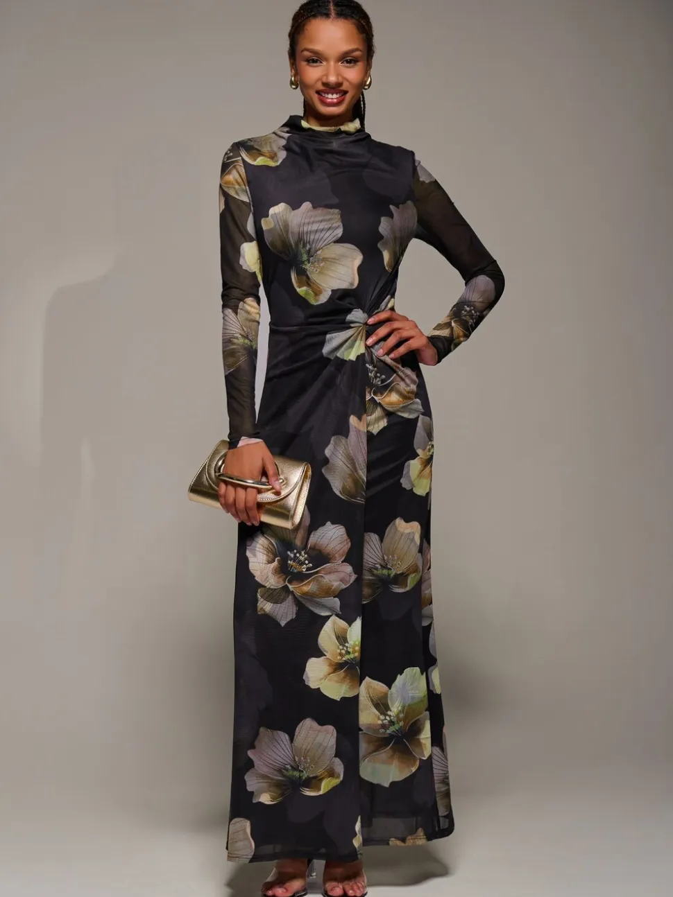 Jolie Moi Black High Neck Long Sleeve Mesh Maxi Dress