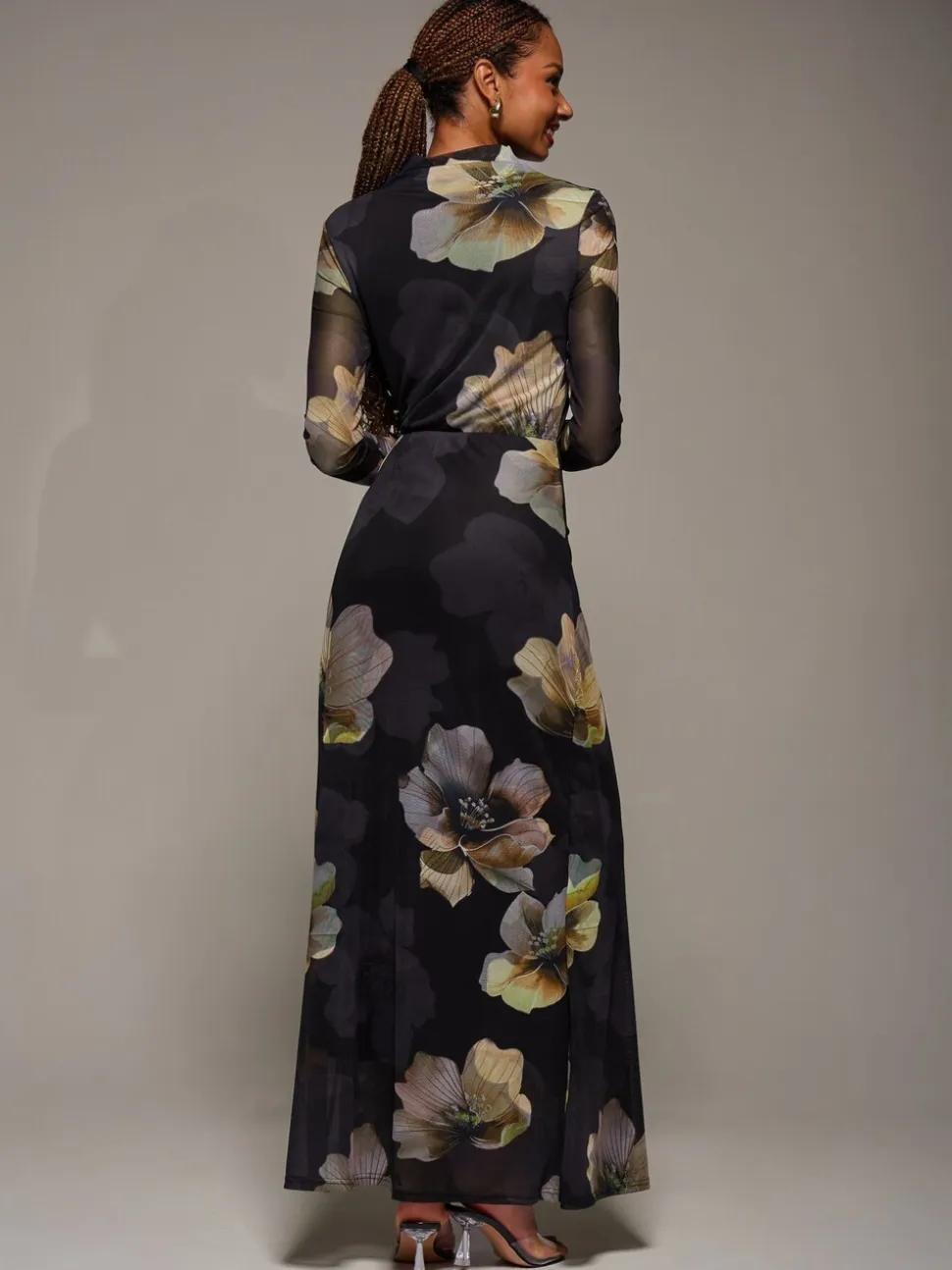 Jolie Moi Black High Neck Long Sleeve Mesh Maxi Dress