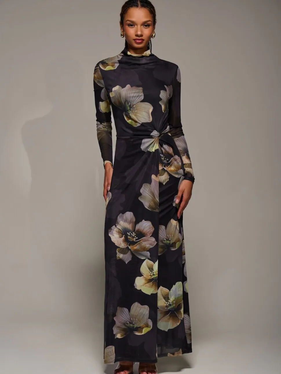 Jolie Moi Black High Neck Long Sleeve Mesh Maxi Dress
