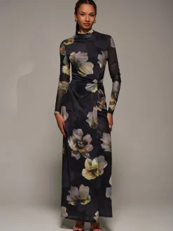 Jolie Moi Black High Neck Long Sleeve Mesh Maxi Dress