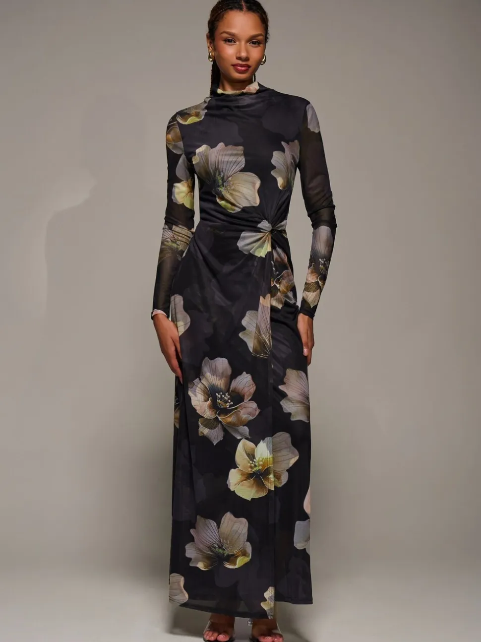 Jolie Moi Black High Neck Long Sleeve Mesh Maxi Dress