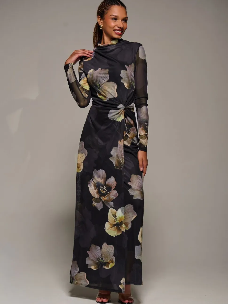 Jolie Moi Black High Neck Long Sleeve Mesh Maxi Dress