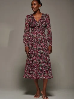 Jolie Moi Black Long Sleeve Printed Lace Maxi Dress
