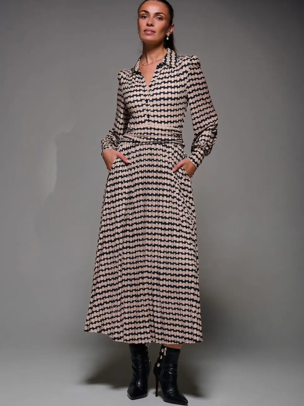 Jolie Moi Black Long Sleeve Pleated Jersey Maxi Dress
