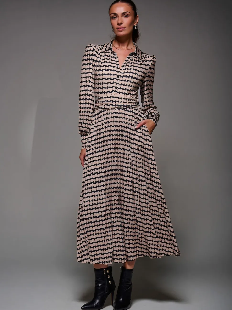 Jolie Moi Black Long Sleeve Pleated Jersey Maxi Dress