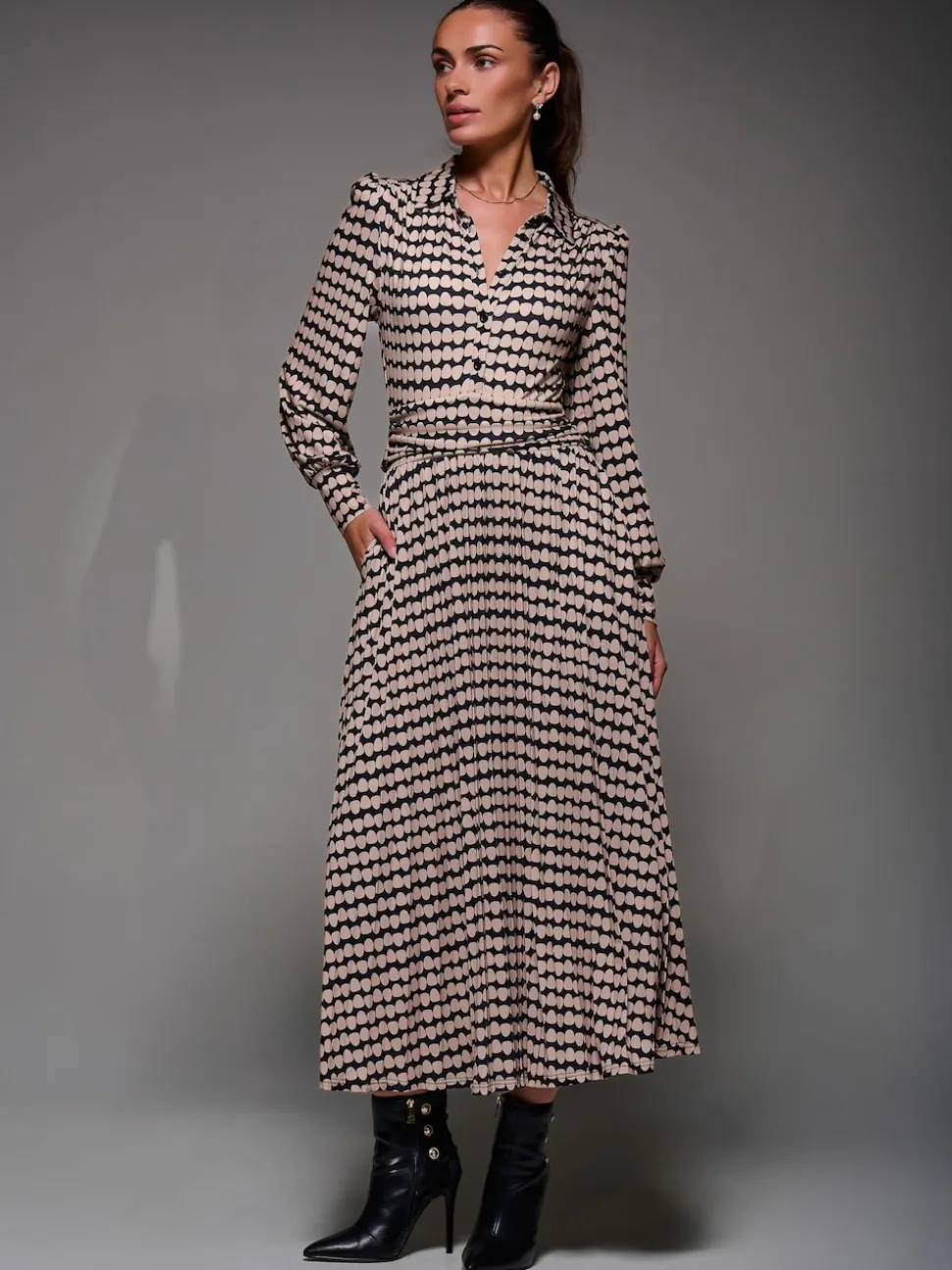 Jolie Moi Black Long Sleeve Pleated Jersey Maxi Dress