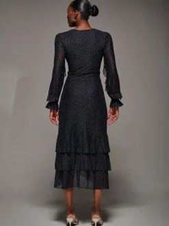 Jolie Moi Black Long Sleeve Frill Detail Mesh Maxi Dress