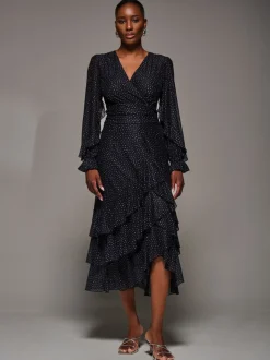 Jolie Moi Black Long Sleeve Frill Detail Mesh Maxi Dress