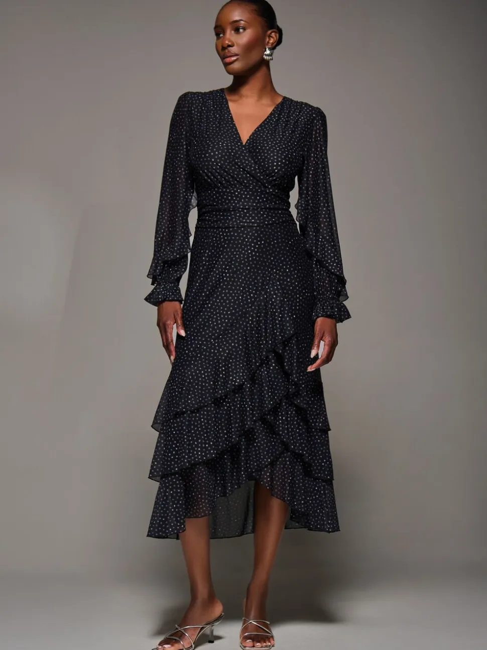Jolie Moi Black Long Sleeve Frill Detail Mesh Maxi Dress