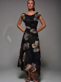 Jolie Moi Black Mesh Asymmetrical Draped Maxi Dress