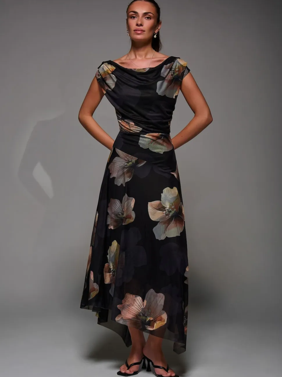 Jolie Moi Black Mesh Asymmetrical Draped Maxi Dress