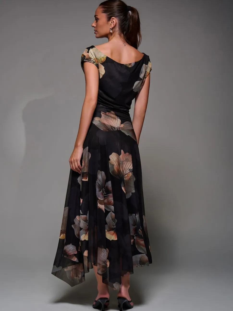 Jolie Moi Black Mesh Asymmetrical Draped Maxi Dress