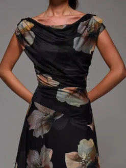 Jolie Moi Black Mesh Asymmetrical Draped Maxi Dress