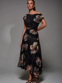 Jolie Moi Black Mesh Asymmetrical Draped Maxi Dress