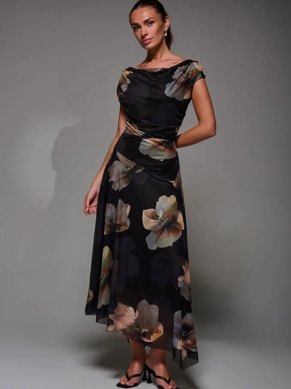 Jolie Moi Black Mesh Asymmetrical Draped Maxi Dress