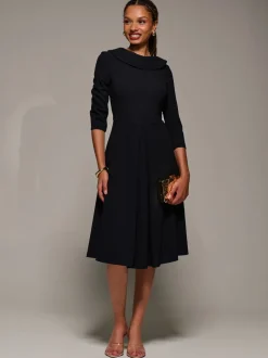 Jolie Moi Black Roll Neck Fit & Flare Midi Dress